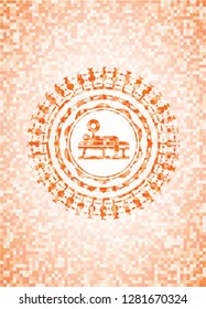 bench press icon inside abstract orange mosaic emblem