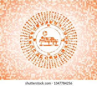 bench press icon inside abstract orange mosaic emblem with background