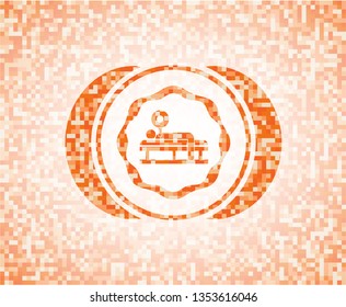 bench press icon inside abstract emblem, orange mosaic background