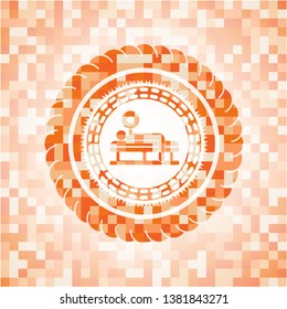 bench press icon inside abstract emblem, orange mosaic background