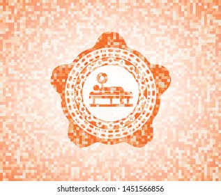 bench press icon inside abstract orange mosaic emblem