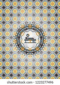 bench press icon inside arabesque emblem background. arabic decoration.