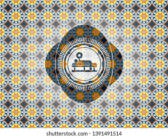 bench press icon inside arabesque badge. arabic decoration.