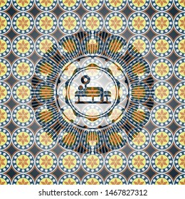 bench press icon inside arabesque style badge. arabic decoration.