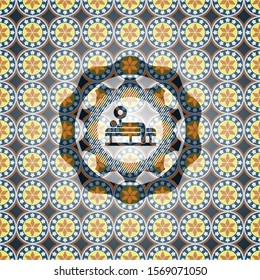 bench press icon inside arabesque style emblem. arabic decoration.