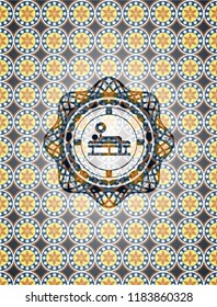 bench press icon inside arabic badge background. Arabesque decoration.