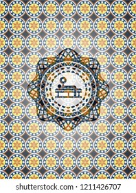 bench press icon inside arabic style emblem. Arabesque decoration.