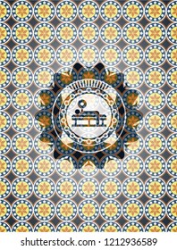 bench press icon inside arabic badge background. Arabesque decoration.