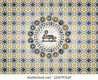 bench press icon inside arabic emblem background. Arabesque decoration.