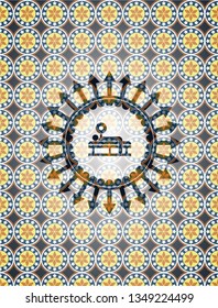 bench press icon inside arabic emblem background. Arabesque decoration.