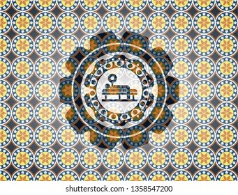 bench press icon inside arabic style emblem. Arabesque decoration.