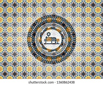 bench press icon inside arabic style badge. Arabesque decoration.