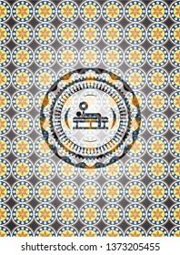 bench press icon inside arabic emblem background. Arabesque decoration.