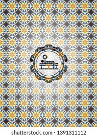 bench press icon inside arabic emblem. Arabesque decoration.