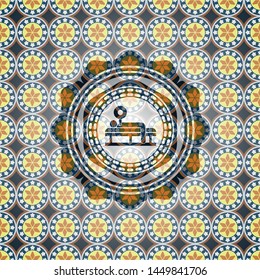 bench press icon inside arabic emblem background. Arabesque decoration.