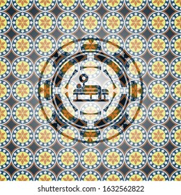 bench press icon inside arabic style emblem. Arabesque decoration.