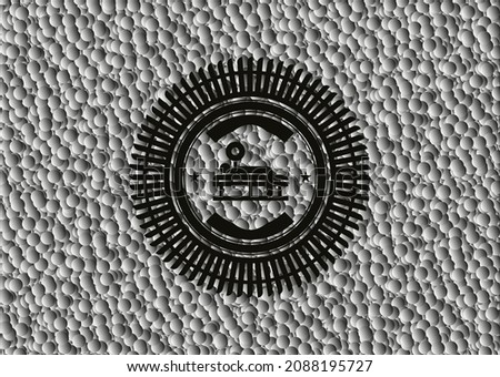 bench press icon inside black emblem with grey bubbles background. Vector Illustration. Detailed. 