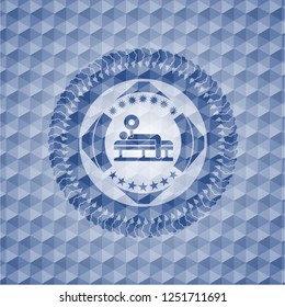 bench press icon inside blue badge with geometric pattern.
