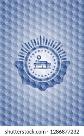 bench press icon inside blue emblem or badge with geometric pattern background.