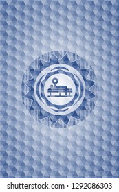 bench press icon inside blue badge with geometric pattern background.