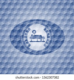 bench press icon inside blue hexagon badge.