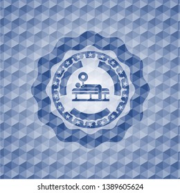 bench press icon inside blue polygonal emblem.