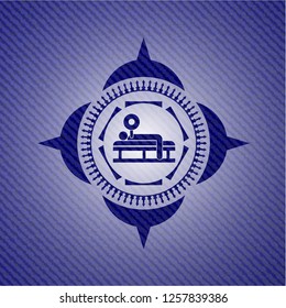 bench press icon inside emblem with denim high quality background