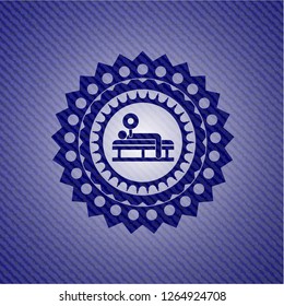 bench press icon inside emblem with denim high quality background