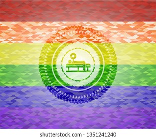 bench press icon inside emblem on mosaic background with the colors of the LGBT flag