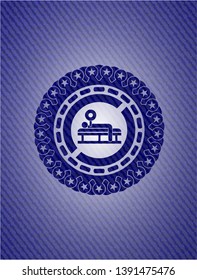 bench press icon inside emblem with jean background