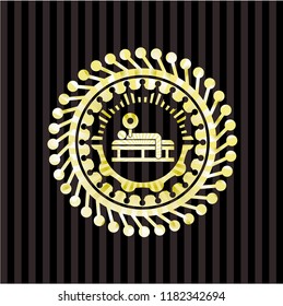 bench press icon inside gold badge or emblem