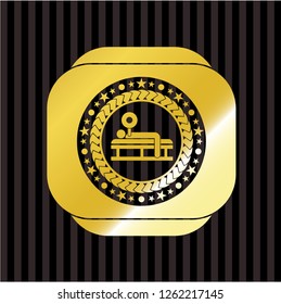 bench press icon inside gold emblem or badge