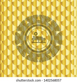 bench press icon inside gold shiny badge. Scales pattern. Vector Illustration. Detailed.
