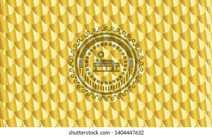 bench press icon inside gold emblem. Scales pattern. Vector Illustration. Detailed.