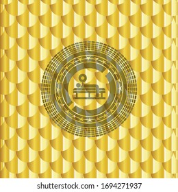 bench press icon inside gold shiny emblem. Scales pattern. Vector Illustration. Detailed.