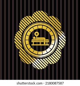 bench press icon inside gold shiny emblem. 