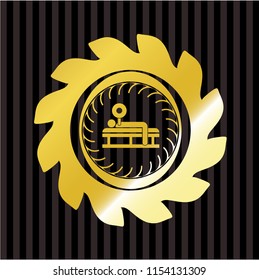 bench press icon inside golden badge