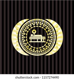 bench press icon inside golden emblem or badge