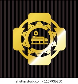 bench press icon inside golden emblem