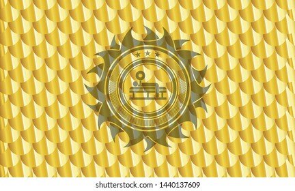 bench press icon inside golden badge. Scales pattern. Vector Illustration. Detailed.