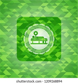 bench press icon inside green emblem with mosaic ecological style background