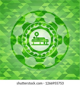 bench press icon inside green emblem. Mosaic background