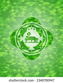 bench press icon inside green emblem with mosaic ecological style background