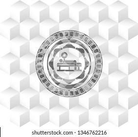 bench press icon inside grey emblem. Retro with geometric cube white background
