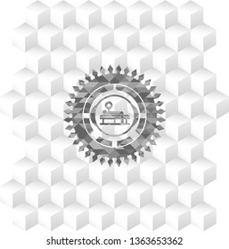 bench press icon inside grey badge with geometric cube white background