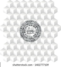 bench press icon inside grey badge with geometric cube white background