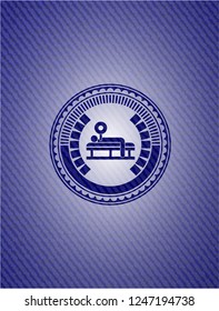 bench press icon inside jean or denim emblem or badge background