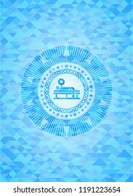 bench press icon inside light blue emblem. Mosaic background
