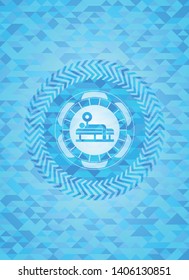 bench press icon inside light blue emblem. Mosaic background