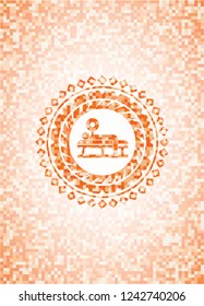 bench press icon inside orange mosaic emblem with background